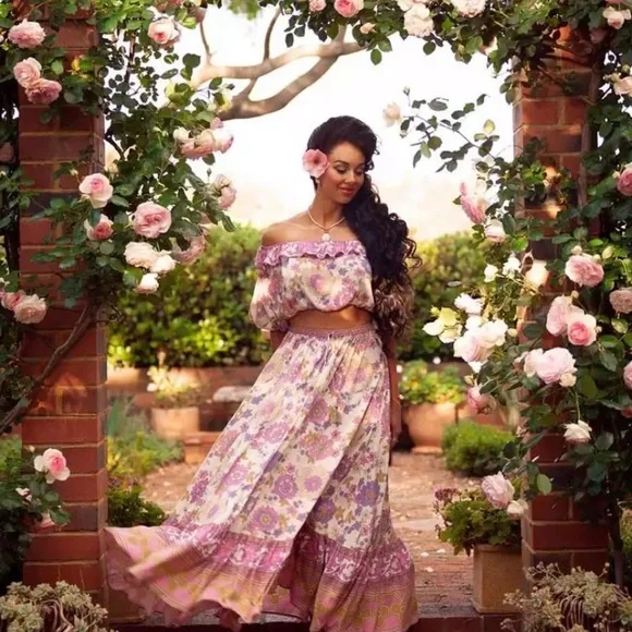 SOLD OUT Waverly Floral Gypsy Bohemian Off Shoulder Blouse & Maxi Ruffle Skirt - Picture 2 of 13